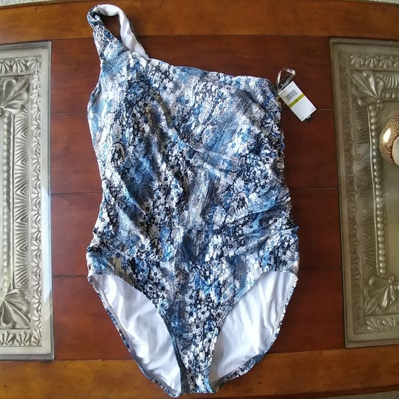 Jantzen 14 slimming rousching 1shoulder blue grey - Picture 1 of 8